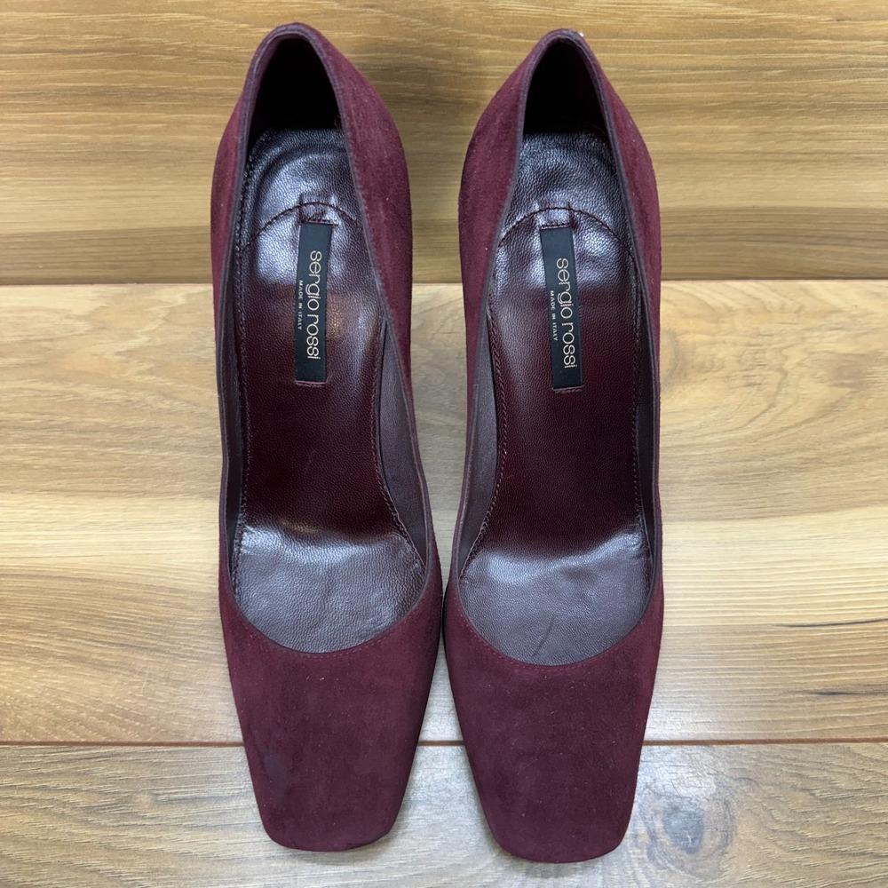 Sergio Rossi Suede Wedge Pumps 8.5 EU 38.5 Wine Square Toe Office Minimalist